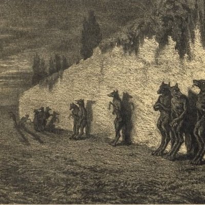 Maurice Sand, Werewolves leaning against the wall of a cemetery at night, 1858.⁣ .jpeg